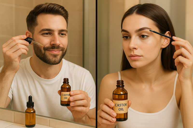 a guy using caster oil for his beard and a girl for her eyebrows