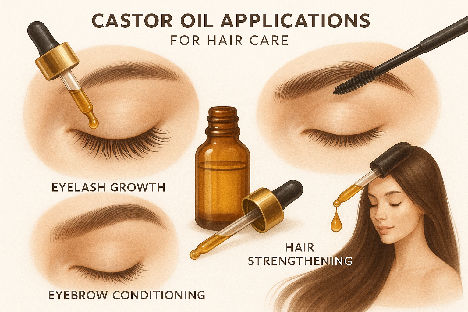 caster oil utilization examples on eyelashes, eyebrows and hair
